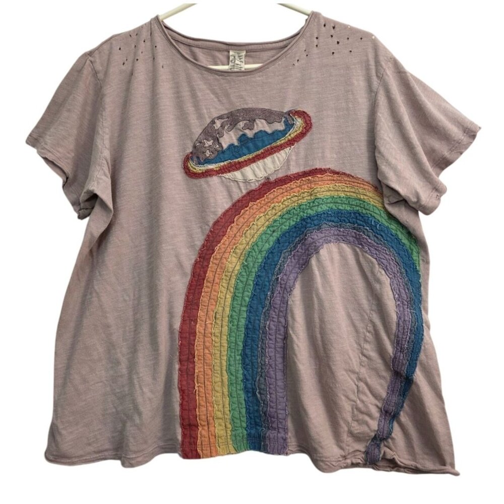 Magnolia Pearl Applique Top Pink Rainbow Tee Blue Shirt Shortsleeve OS Rare
